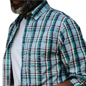 Relwen Exploded Seersucker Shirt Long Sleeve Light Blue Multi Plaid Huckberry